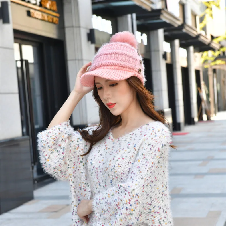 Women's Winter Autumn Wild Knitted Beanie Warm Dome Casual Wool Ball Skullies Cap For Girls Cute Button Outdoor Hat 6 Color