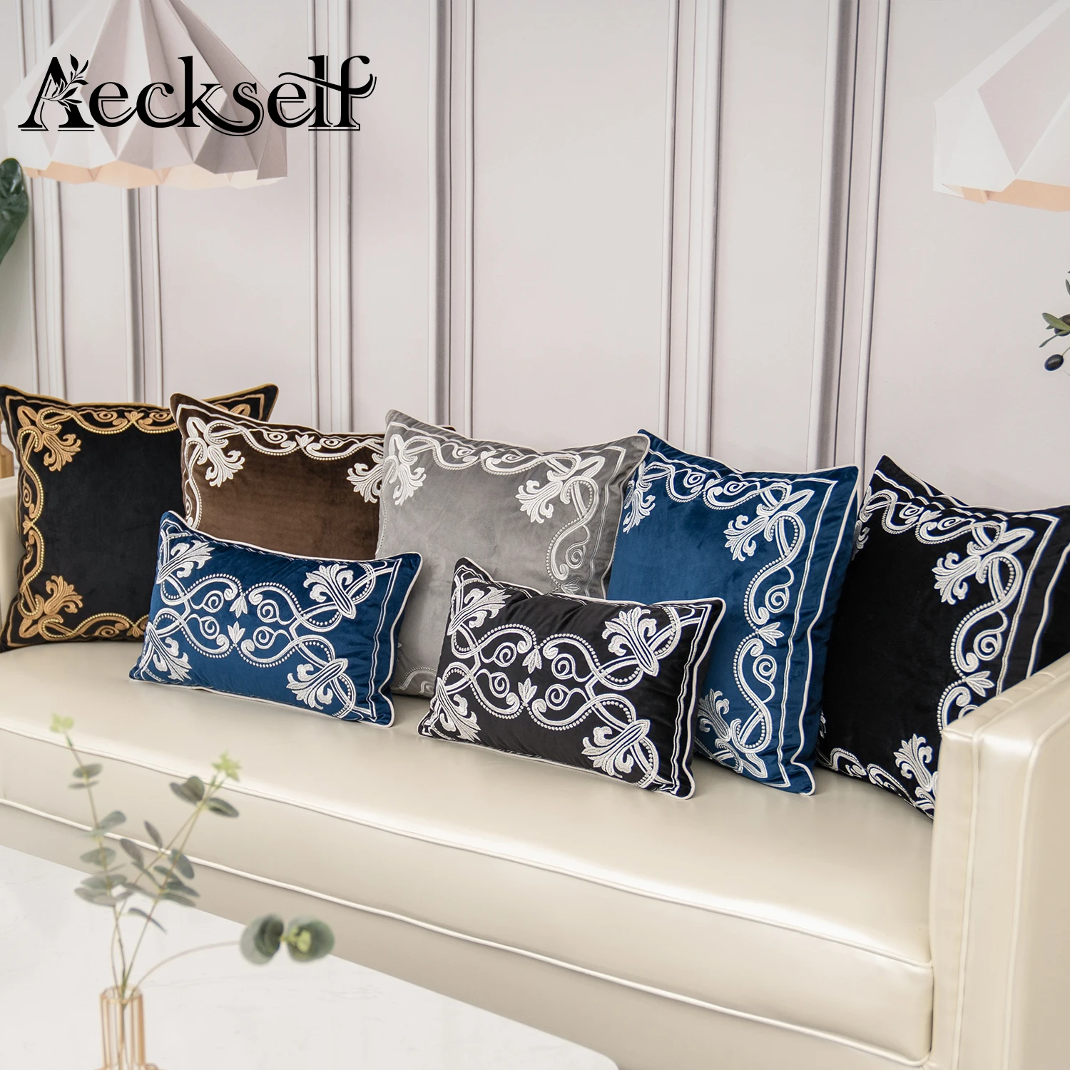 Aeckself Luxury European Flowers Embroidery Velvet Cushion Cover Home Decor Navy Blue Brown Gray Throw Pillow Case Pillowcase