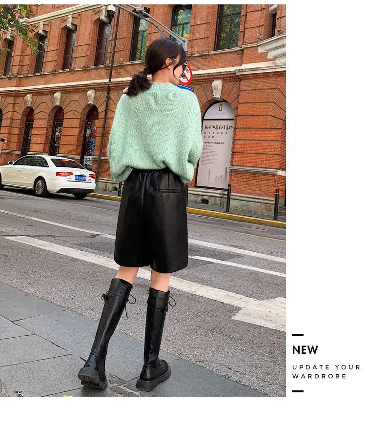 S-4XL Fashion PU Leather Shorts Women's Autumn Bermuda Elastic Waist Loose Faux Leather Short Pants Plus Size Shorts Y43 adidas shorts