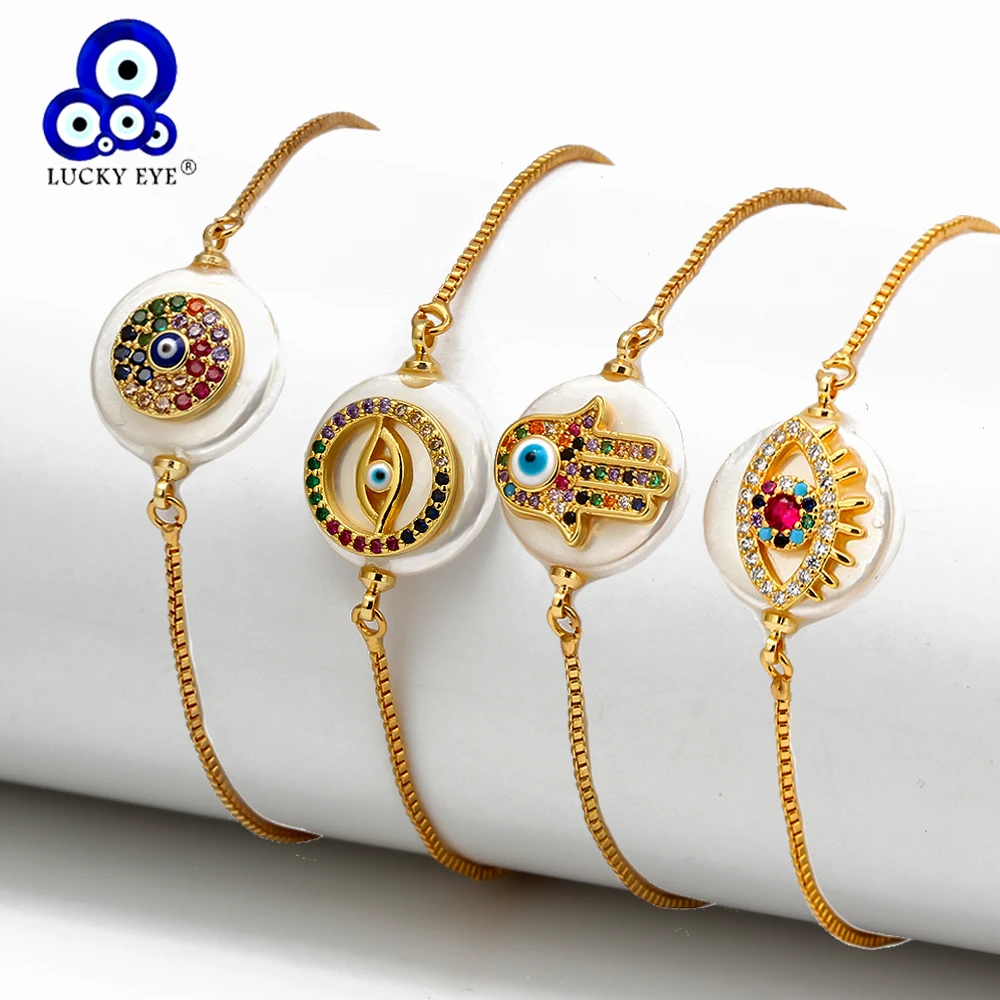 Lucky Eye цветной браслет со сглаза из фианита, золотой Регулируемый искусственный браслет с жемчужными подвесками, ювелирные изделия для женщин, девушек