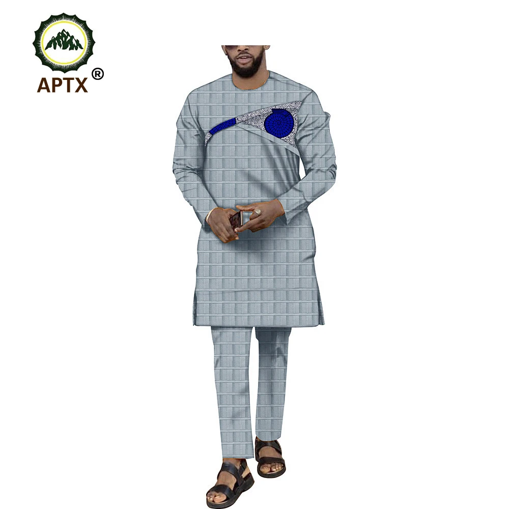 Buy APTX Muslim cotton suit for men jacquard fabric full sleeves side slit top+ slim pants men's casual suit T1916003