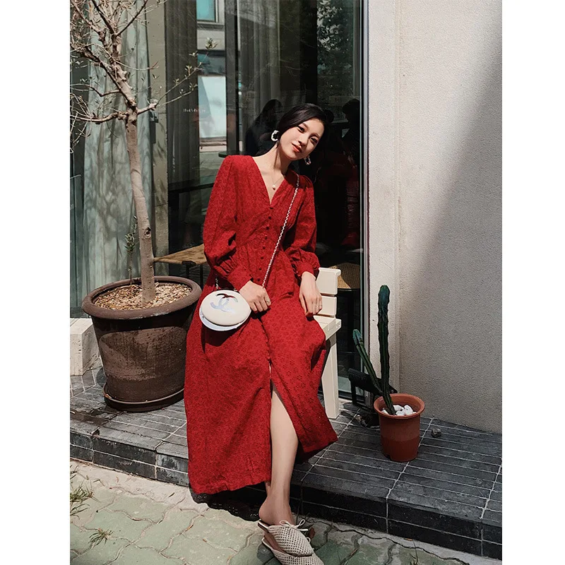 Красное женское платье в стиле ретро, Ранняя осень, стиль, v-образный вырез, кружевная юбка, длинный рукав, средняя длина