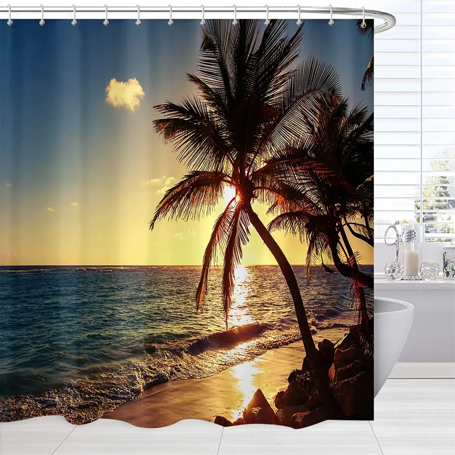 Bathroom Waterproof Fabric Shower Curtain Set Sunset Sky Cloud Sea Beach Scenic 
