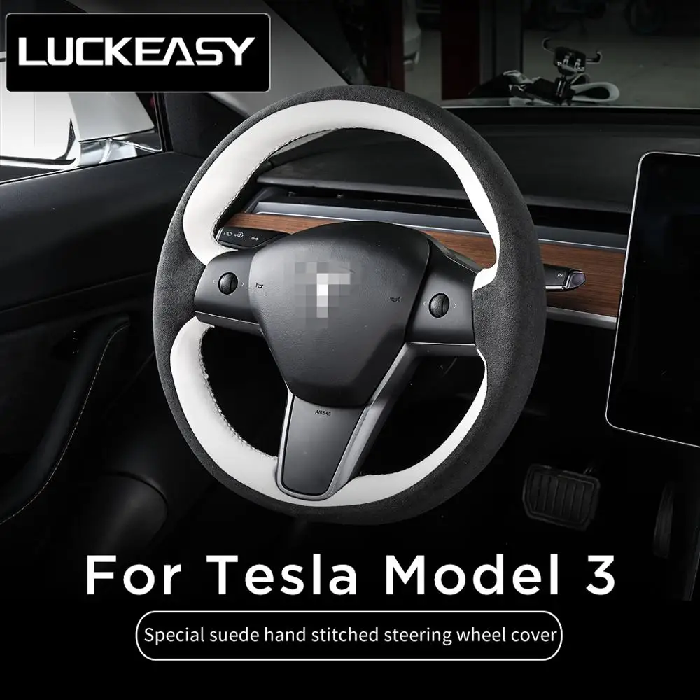 LUCKEASY Car Interior Modification For Tesla Model 3 Leather Italy imported Alcantara Hand Stitched Steering Wheel Cover