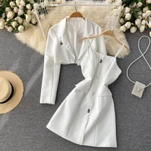 

Women White Black Blazer Dress Elegant Two-Piece Fashion Suits Spring New Office Lady Suits Jackets + Sling Dresses 2 Piece Sets