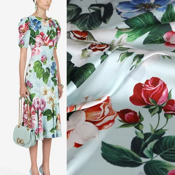 

145cm Width Multi-colored Flowers Print Imitated Silk Satin Polyester Fabric for Woman Dresses Skirts Blouse DIY Sewing