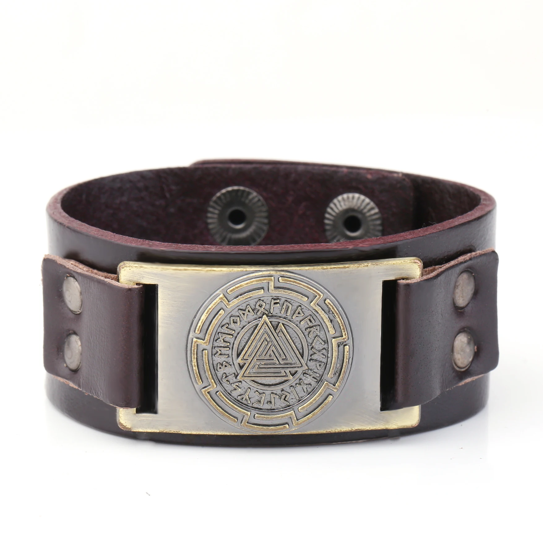brown-bronze Skyrim Viking Valknut кожаный браслет для мужчин символ Одина панк ретро амулет Руны Скандинавские манжеты жесткий браслет ювелирные изделия - Окраска металла: brown-bronze