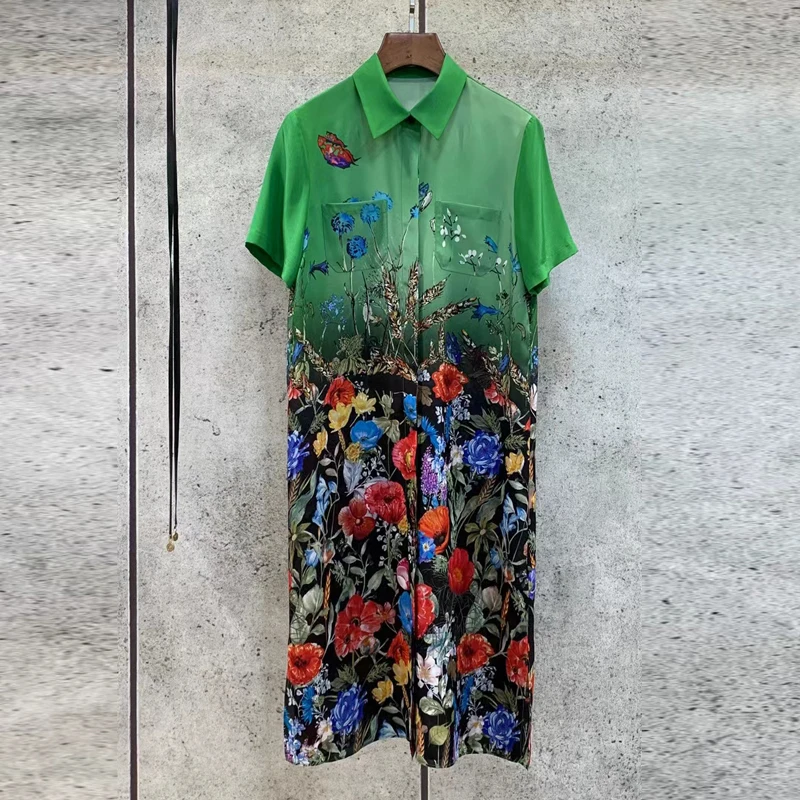 

2024 Designer Summer 100% Silk Dress Fashion Design Green Flowers Print Office Lady High Quality Women Dresses