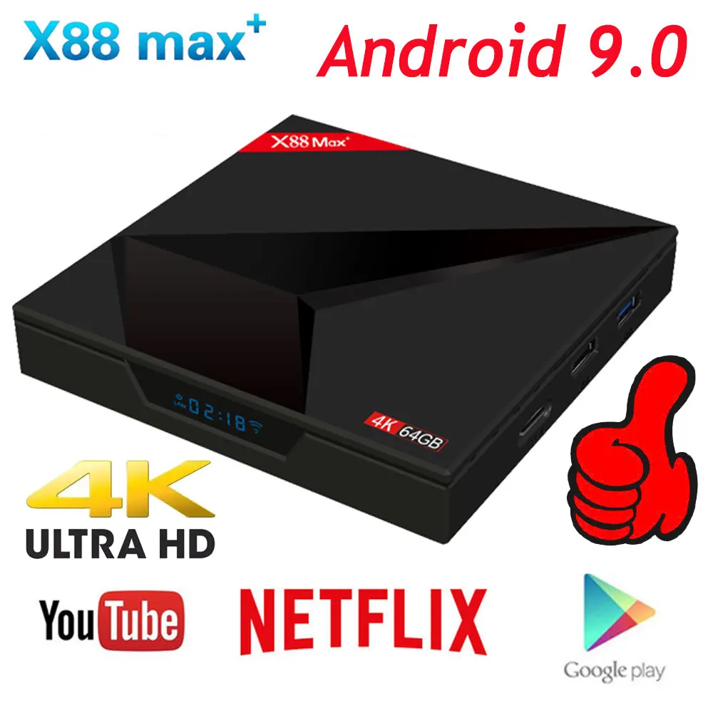 

Android 9.0 TV Box 4GB RAM 64GB ROM X88 MAX PLUS RK3328 Quad Core TYPE-C 2.4G/5Ghz Dual WiFi BT4.0 4K Smart Set Top Box PK 8.1