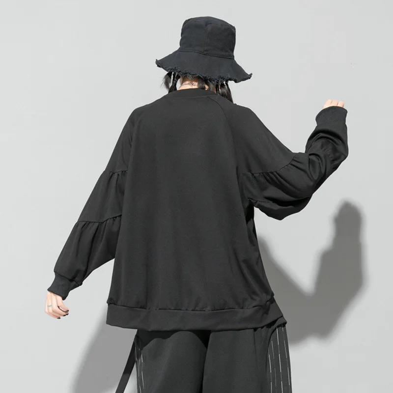 [DEAT] женский, черный Разделение совместное большой размер, свободного кроя, футболка для девочек, комплект из платья с круглым вырезом с длинными Фонари с длинными рукавами модные тенденции Демисезонный 1D736