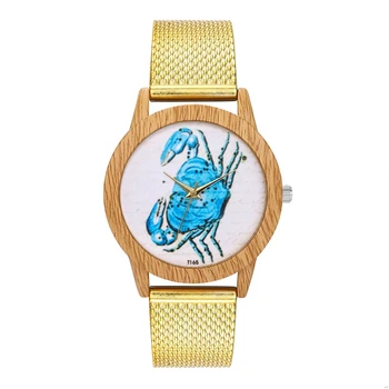 

Simple Ladies Quartz Watch Golden Silicone Strap Cartoon Crab Pattern Imitation Wood Alloy Dial Watches For Women Gift Men T165F