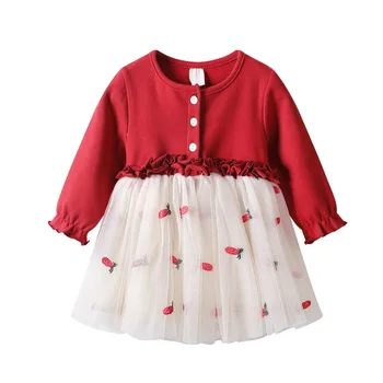 

WLG Girls Boutique Dress Kids Spring Autumn Red Yellow Patchwork Mesh Dresses Baby Girl Cute Party Clothes for 3-24 Months