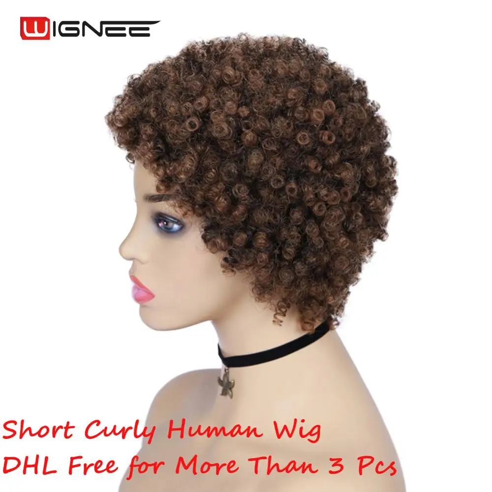 Wignee Short Human Hair Wig With Free Bangs For Black Women Remy Hair Jerry Curl Short Pixie Cut Glueless Cheap Brown Human Wigs