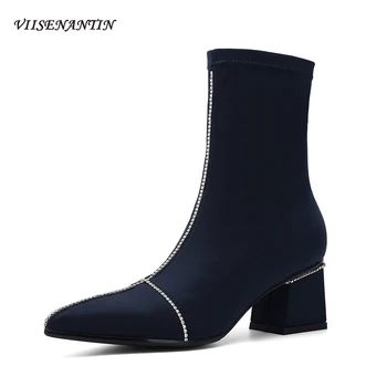 

Thick Heel Rhinestone Elastic Short Socks Thin Boots Women Autumn Winter Mid-heel Pointed Toe Sexy Super Fire Crystal New Shoes