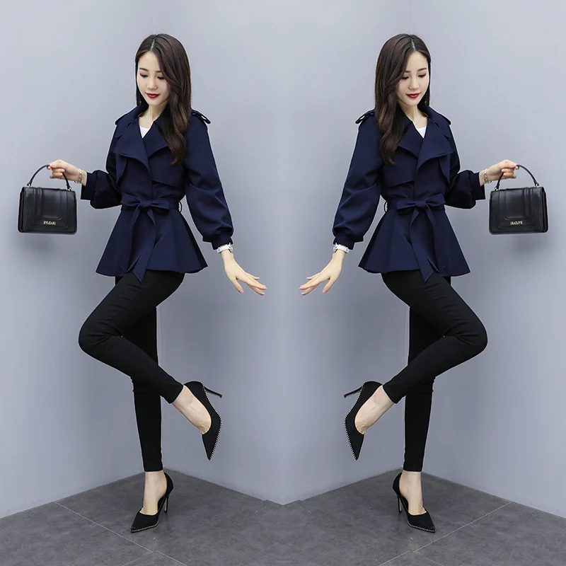 Navy Blue Чистый цвет с длинным рукавом Осень Джокер Мода шерстяное пальто наряд с поясом Женская одежда для отдыха Верхняя одежда Пальто Vogue качество - Цвет: Navy Blue