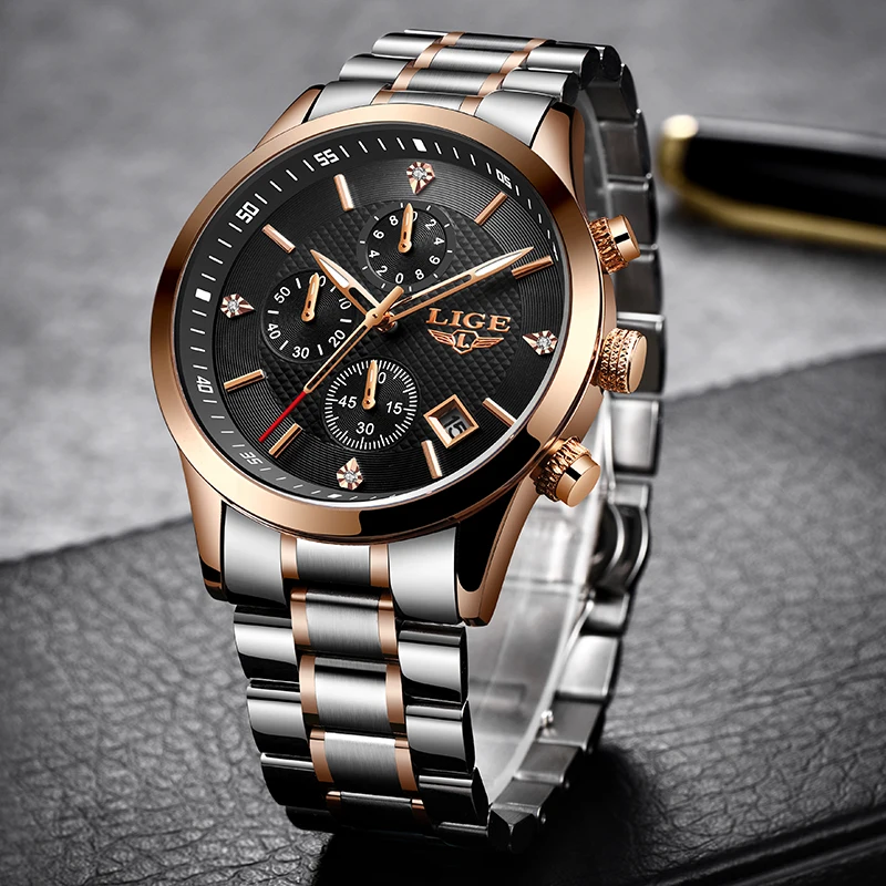 

LIGE Watches Men's 2020 New Full Steel Chronograph Top Brand Luxury Fashion Business Watch Waterproof Quartz Clock Men Watch+Box