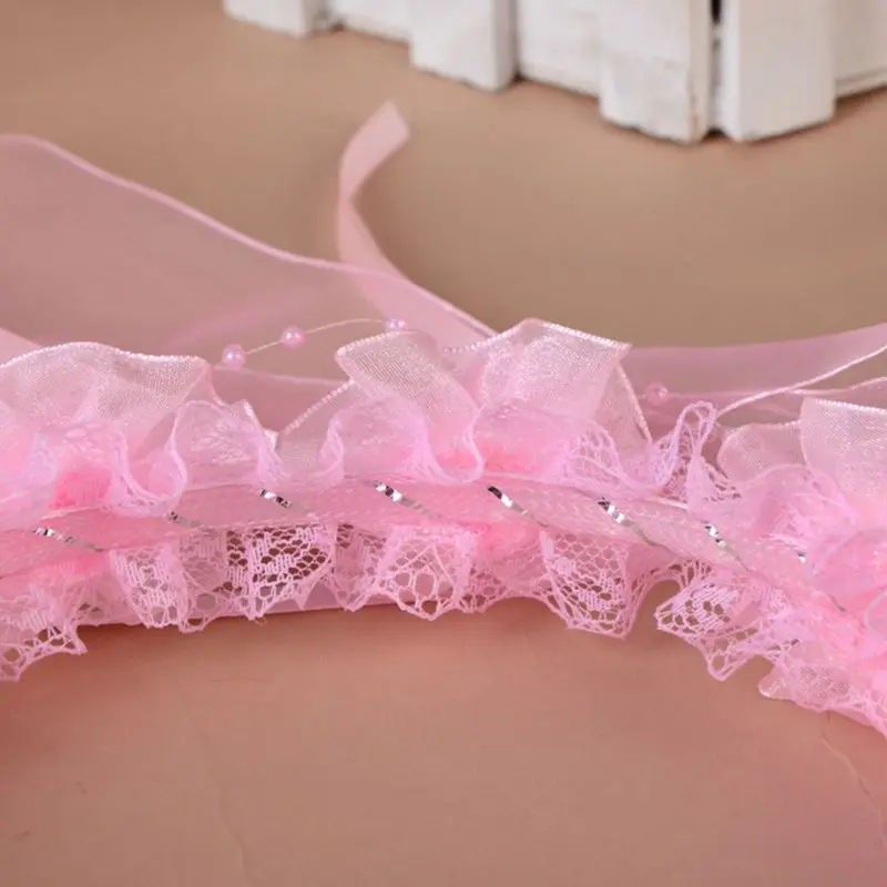 Children Girls Wedding Headband Solid Color Ruffles Lace Flower Hair Wreath Garland Beaded Decor Princess Halo Crown With Adjust
