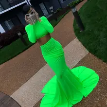 Сексуальное зеленое платье-Русалка из двух частей в африканском стиле, прочное платье с длинными рукавами, укороченный топ плюс размер, вечерние платья, дешевые вечерние платья