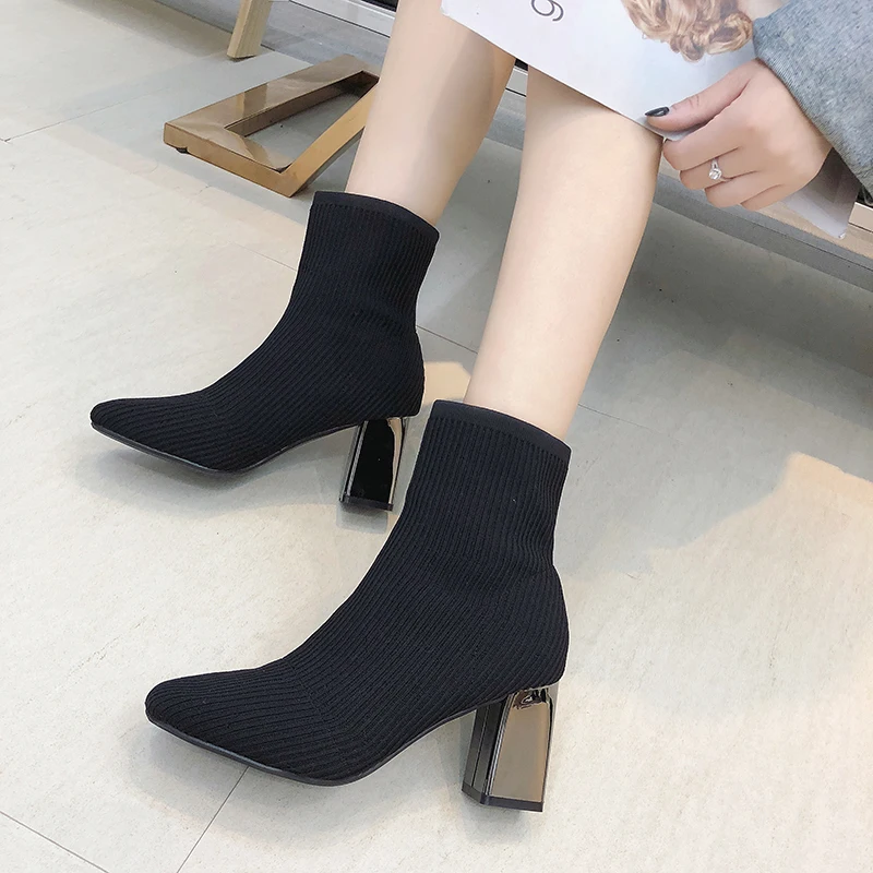 

Beige Black High Heels Women Ankle Boots Winter Shoes Elegant Bright 7 Cm Thick Heels Boots Women Breathable Botines Mujer 2019
