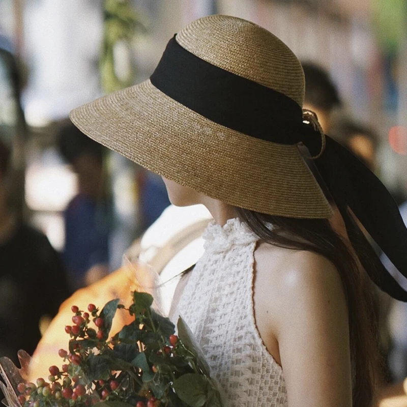 USPOP 2020 Women summer hats long ribbon bow beach hats wide brim natural straw sun hats