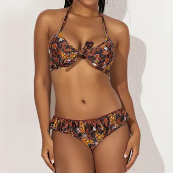 

Ruffled Floral Twist Bikini Sets Sexy Cut Out Lace Up Swimsuit Two Pieces Swimwear Women 2019 Beach Bathing Suit