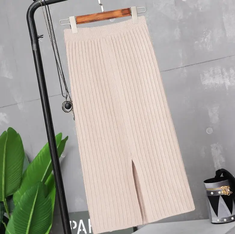 off white 60CM Элегантная женская юбка-карандаш, весна-осень, повседневная, в рубчик, теплая, вязаная, длинная юбка, для офиса, высокая талия, юбки для женщин, s, плюс размер - Цвет: off white 60CM