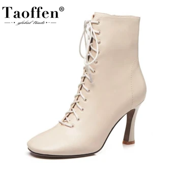 

TAOFFEN Women Ankle Boots Real Leather Cross Strap Sexy High Heel Winter Shoes Women Warm Zipper Short Boot Footwear Size 34-41