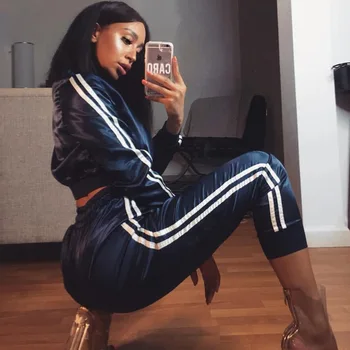 

2020 Spring Two Piece Set Top and Pants Sweet Rayon Silk Striped Long Sleeve Zip Cardigan Jacket Long High Waist Sweatpants