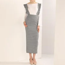 Длинная облегающая юбка женская клетчатая Печать Две бретельки юбка-карандаш Осенняя повседневная одежда длиной до щиколотки мусульманская юбка на подтяжках