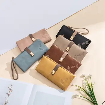 

Frosted Leaf Print Buckle Zip Up Soft Leather Long Clutch Wallet for Women Large Capacity Card Holder Wallet Women Purses #20