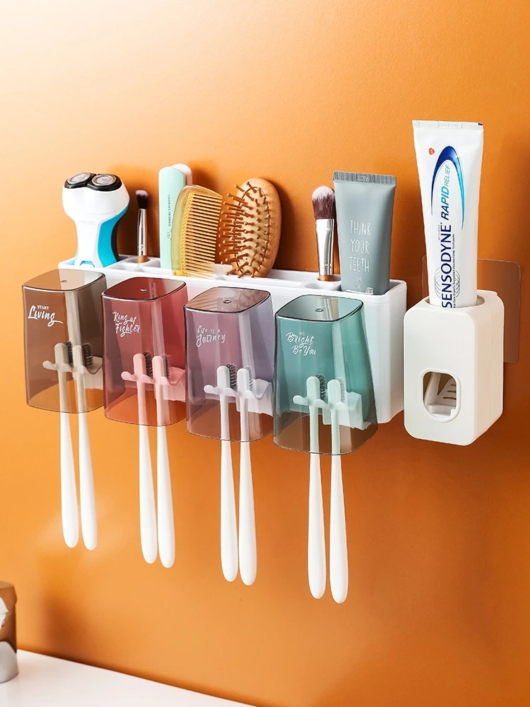Automatisch Zahnpastaspender Zahnbürstenhalter Set Wand Montiert mit 4 Tassen 