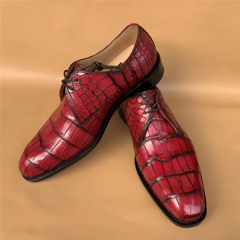 Предварительный заказ; уникальные дизайнерские мужские красные модельные туфли из натуральной крокодиловой кожи; мужские туфли на