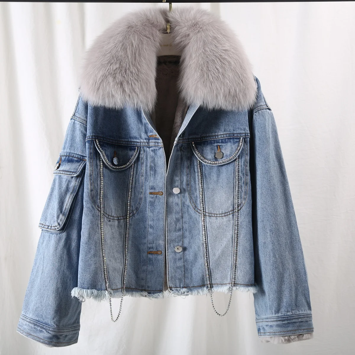 Very best  2019 Winter Jacket Women Casual Real Rex Rabbit Fur Liner Denim Coat Thick Warm Natural Fox Fur Col