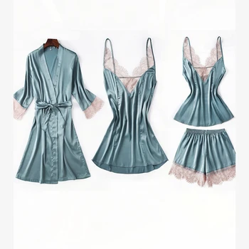 

Silk Pijama Mujer Pajamas Satin Sleepwear Sets Sleep Women Home Clothes Pyjamas Lace Patchwork Loungewear Pjs Set Pajama Shorts