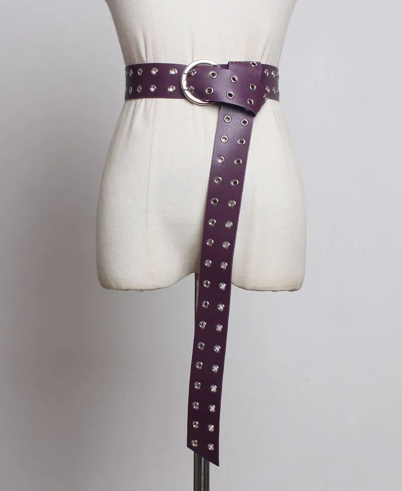 [YaLee] New Fashion Summer Autumn Metal Round Pin Buckle Eyelet Rivets PU Leather Long Girdle Wide Waist Belts Woman N240