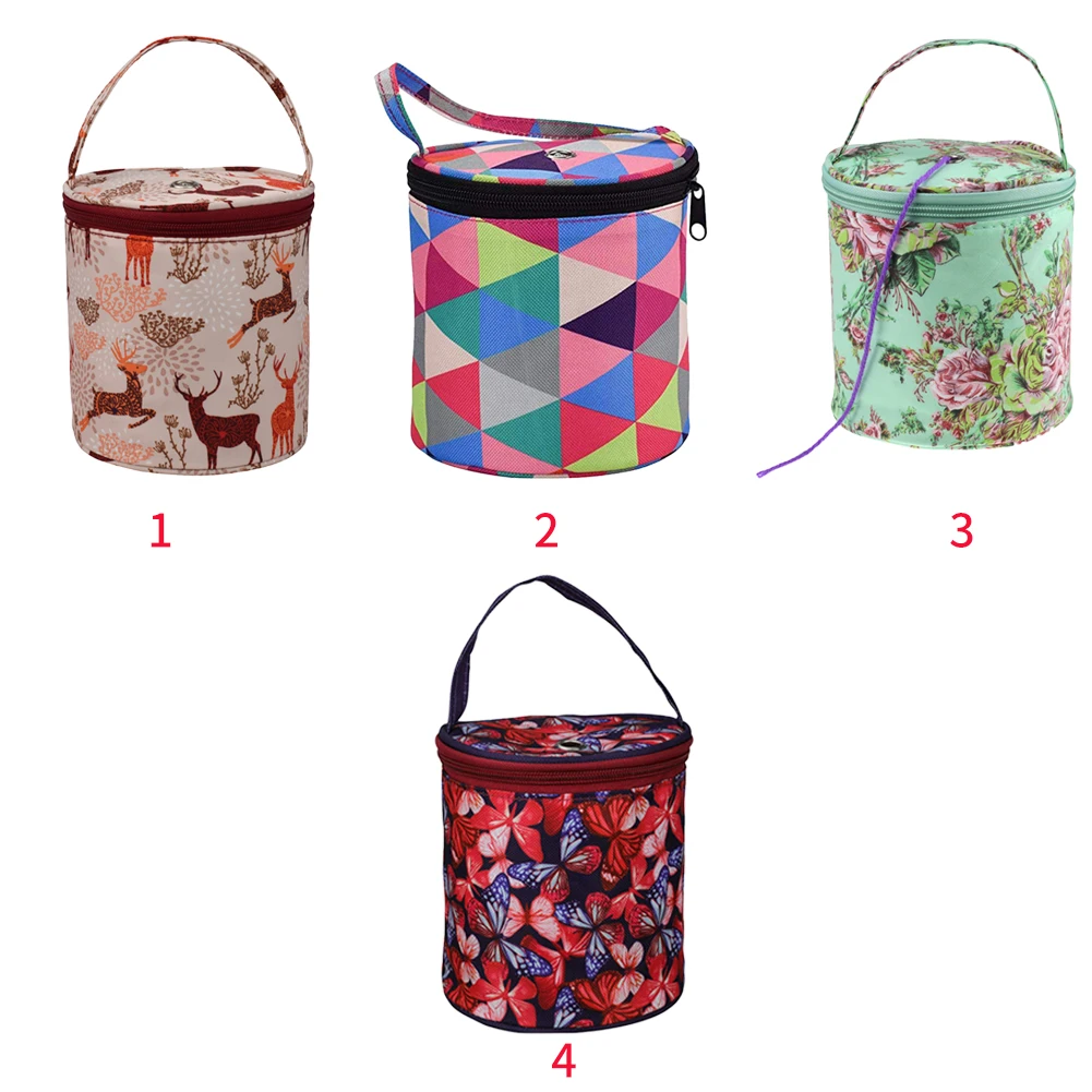 Home Zipper Closure Printed Cloth Crochet Tote Yarn Storage Cylinder DIY Craft Organizer Weaving Portable Practical Knitting Bag