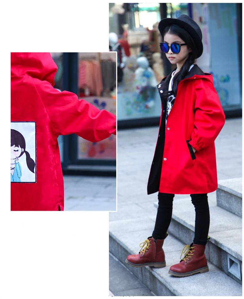 Новая ветровка с капюшоном и воротником для подростков от 4 до 13 лет, Осенние двусторонние одежда, модное дизайнерское длинное пальто для девочек, куртка