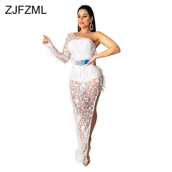 

Mesh Feather Beaded Spliced Party Dress Women One Shoulder Single Sleeve Bodycon Dress Elegant Backless Perspective Maxi Dress
