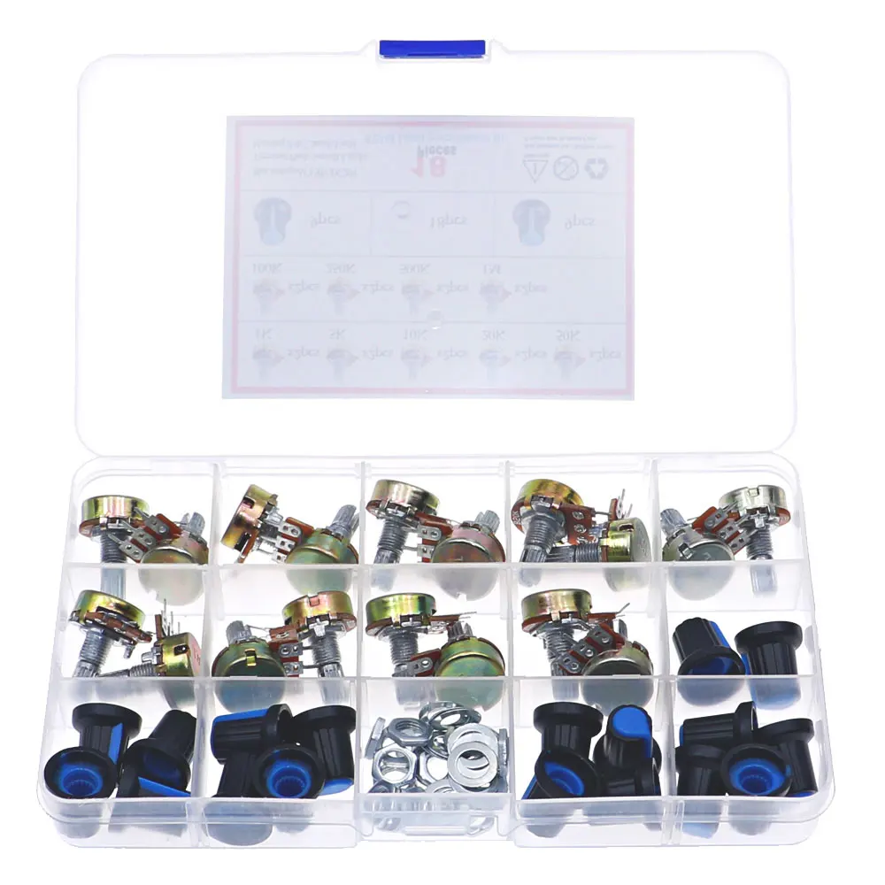 18Pcs 3Pin WH148 Single Potentiometer Kit B1K 5K 10K 20K 50K 100K 500K 1M with knobs Single potentiometer set Shaft Nuts