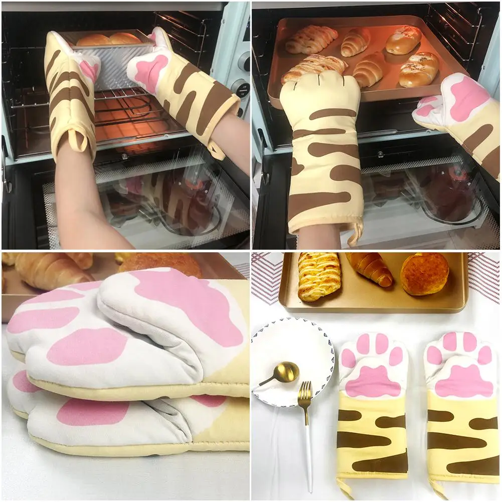 3D Cartoon Cat Paws Oven Mitts Long Cotton Baking Insulation Gloves Microwave Heat Resistant Non-slip Kitchen Gloves Tool 1pcs