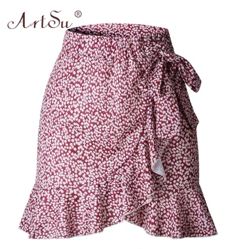 

ArtSu Polka Dot Print Wrap Skirts Women Leopard Summer Mini Skirt Streetwear Ruffles High Waist Casual Sexy Faldas Femme Red