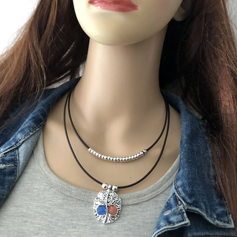 

Anslow Wholesale Fashion Jewelry Brand Leaf Charms Multicolor Resin Retro Leather Layers Women Necklace Free Shipping LOW0016AN