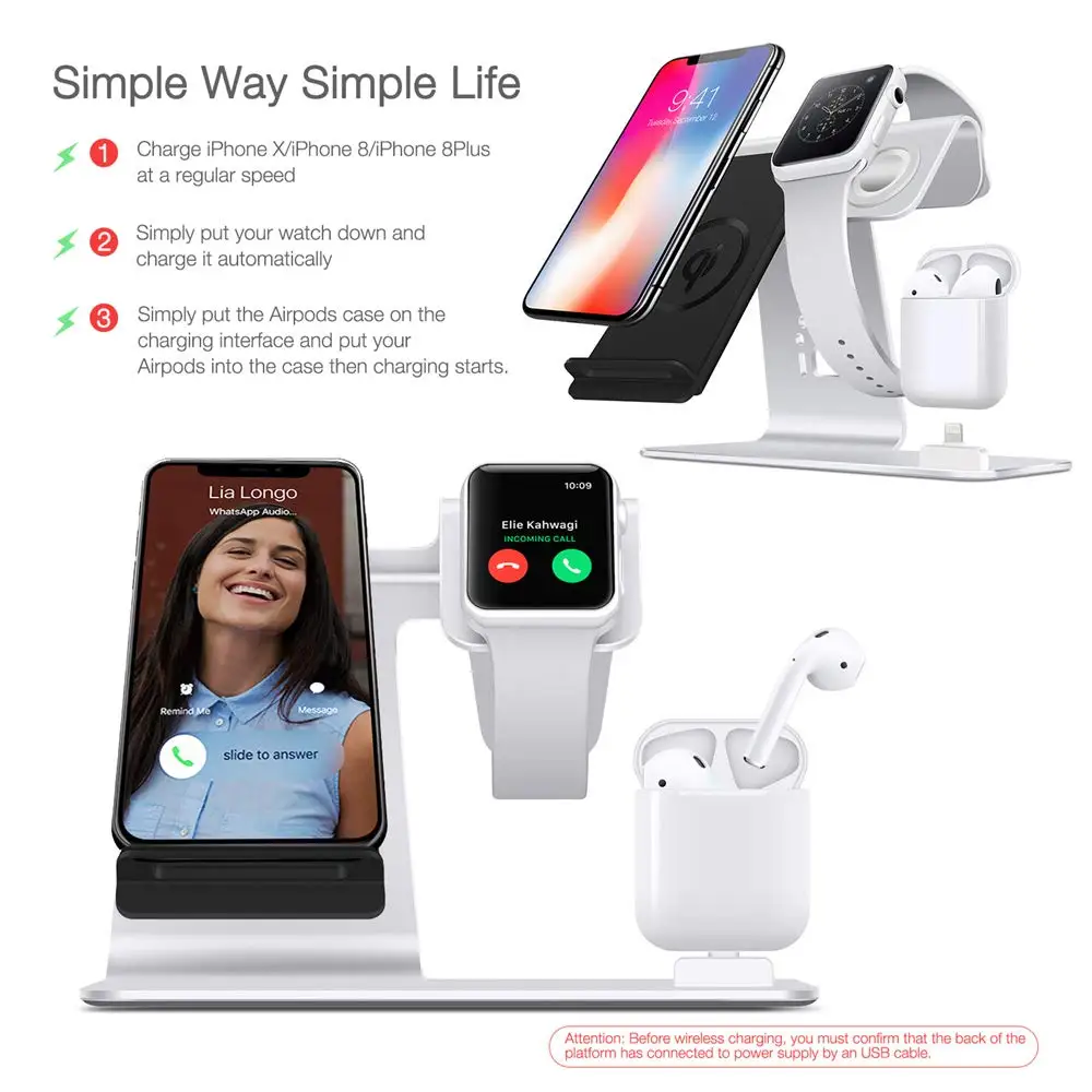 3-in-1 wireless charger mobile phone holder and iPhone charging station, Qi fast charger base, compatible FOR iPhone X / 8 Plus