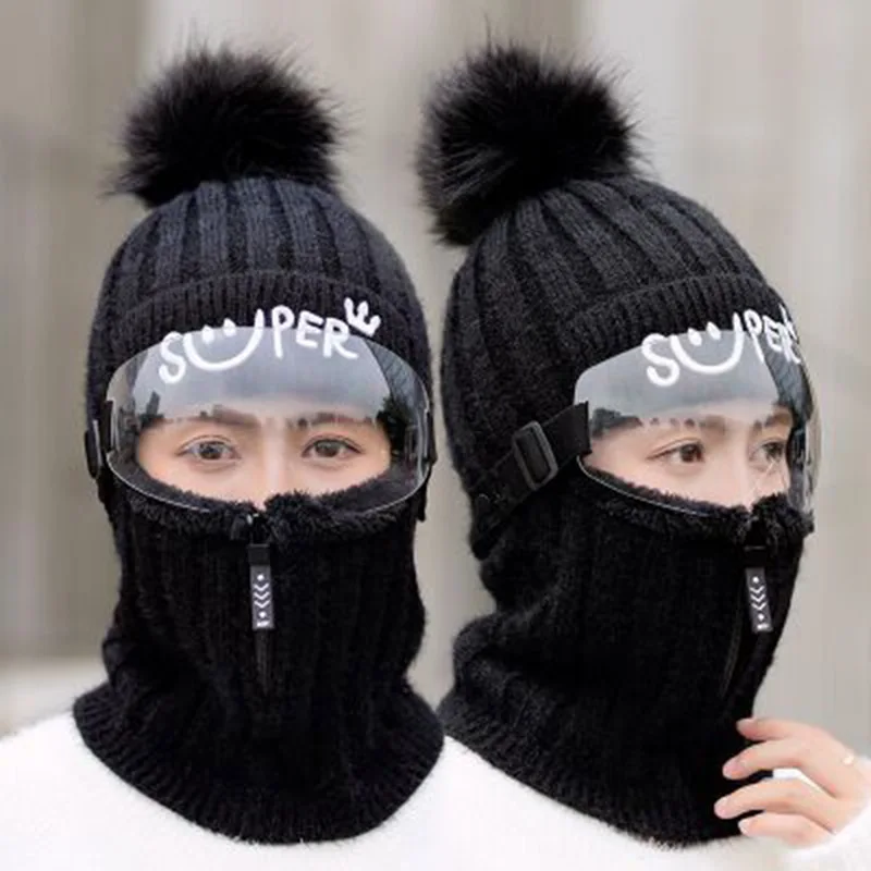 Женская Толстая теплая шапка Skullies, женская вязаная шапка с буквенным принтом, лыжные наборы для езды на велосипеде, зимние вязаные шапки - Цвет: Black