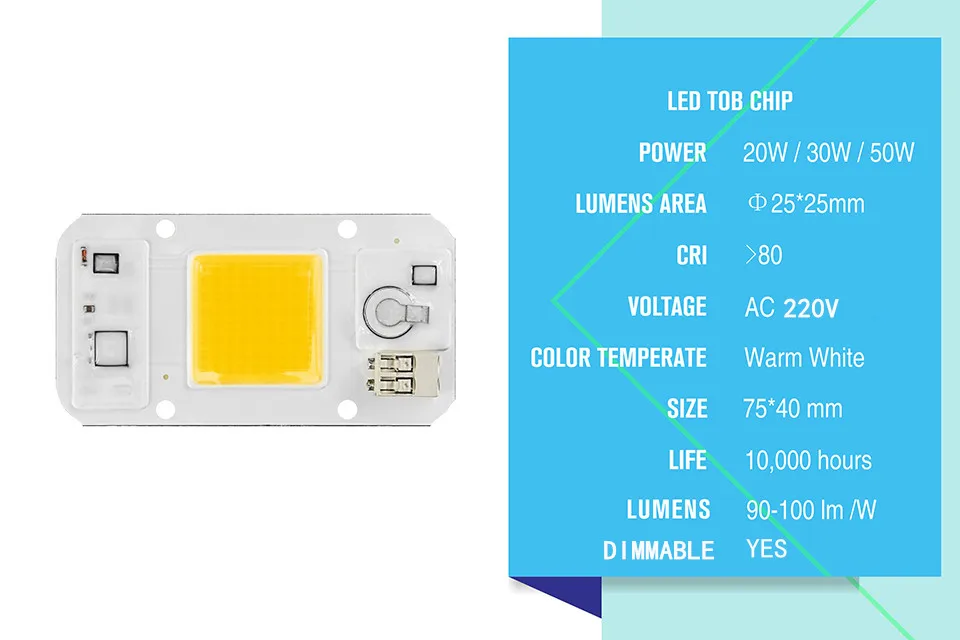 5 шт. светодиодный чип COB 20 Вт 30 Вт 50 Вт Теплый Холодный белый свет для выращивания с регулируемой яркостью не нужен драйвер DIY для Светодиодный светодиодная лампочка прожектор