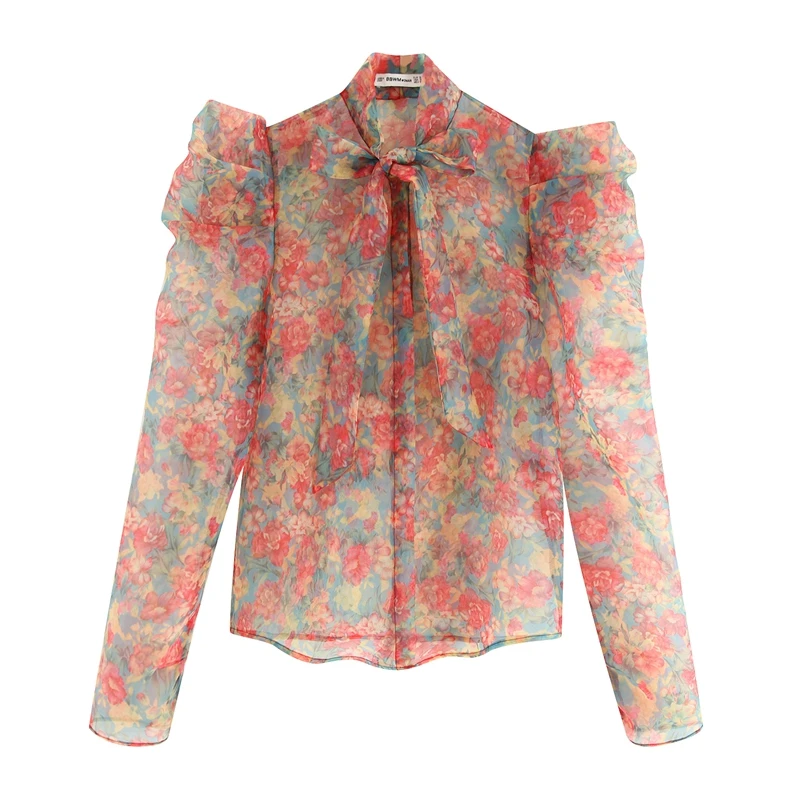 

New Fashion Floral Organza Blouse Lace Up Bow Long Sleeve See Through Transparent Shirt Ladies Elegant Shirts WB9488