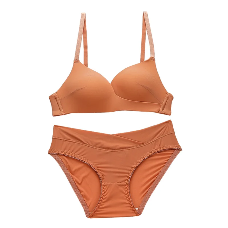 Caramel Set Желтое французское треугольное нижнее белье, сексуальное женское нижнее белье с маленькой грудью, комплект с бюстгальтером, ультратонкое дышащее нижнее белье, пуш-ап бюстгальтер, трусы, набор, 6 цветов - Цвет: Caramel Set