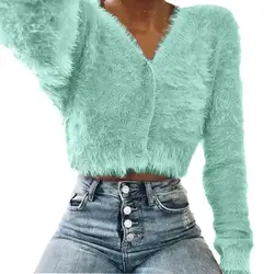 Женская мода v-образным вырезом с длинными рукавами Пушистый свитер урожай популярные женские повседневные зимние однотонные рубашки