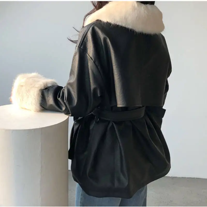 Heydress Толстая зимняя теплая куртка из искусственной кожи Длинный Меховой воротник пэчворк пояса для пальто Лим талия женские Куртки из искусственной кожи