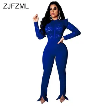 

Lace Patchwork Sexy Bandage Jumpsuits Women Long Sleeve Ruffles Bodycon Playsuit Elegant Ladies High Waist Plus Size Bodysuit